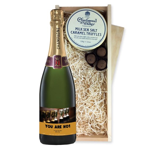 Personalised Champagne - Cup Label And Milk Sea Salt Charbonnel Chocolates Box
